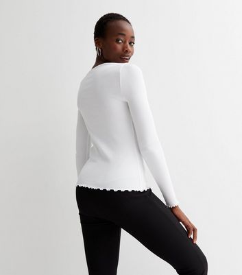 Tall White Ribbed Jersey Frill Long Sleeve T-Shirt