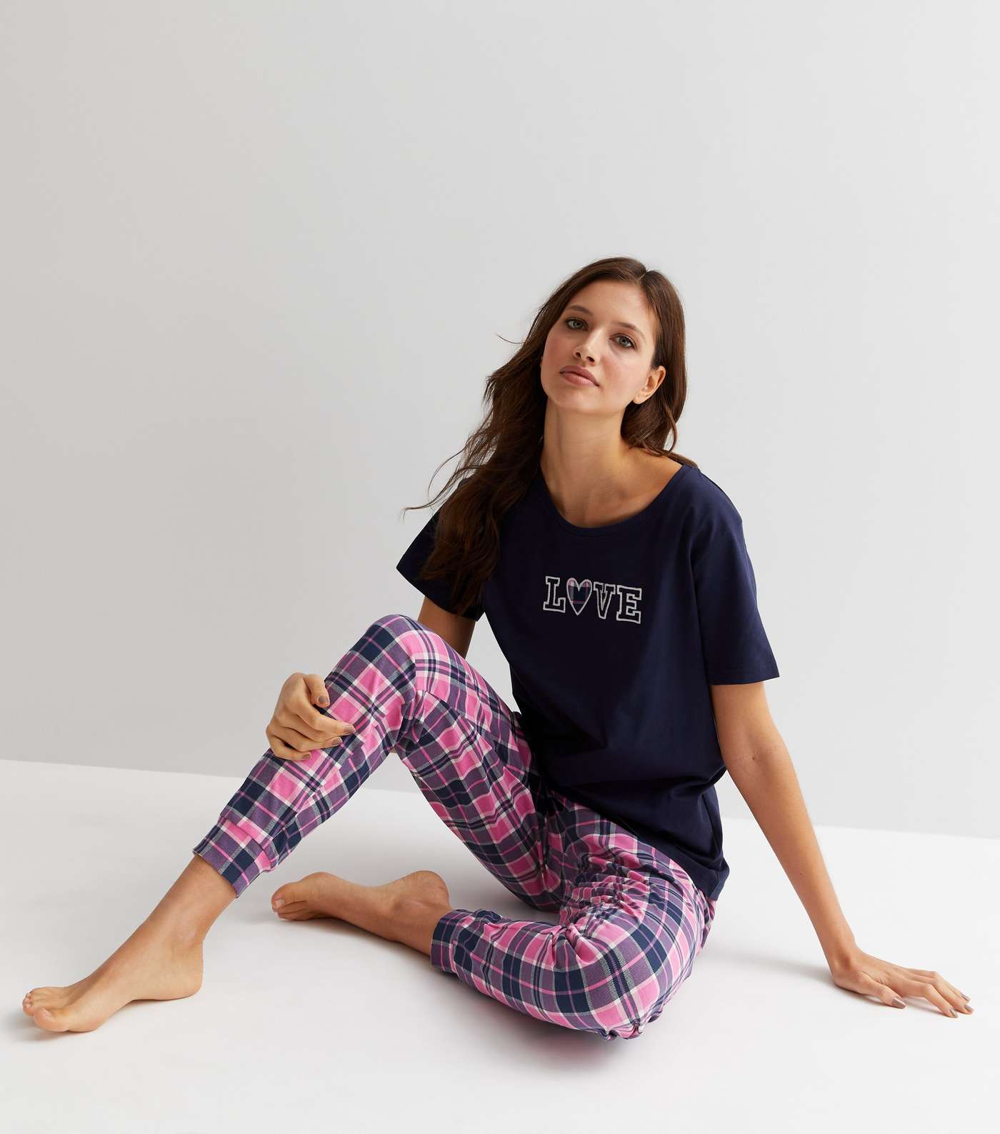 Navy Jogger Pyjama Set with Love Check Logo