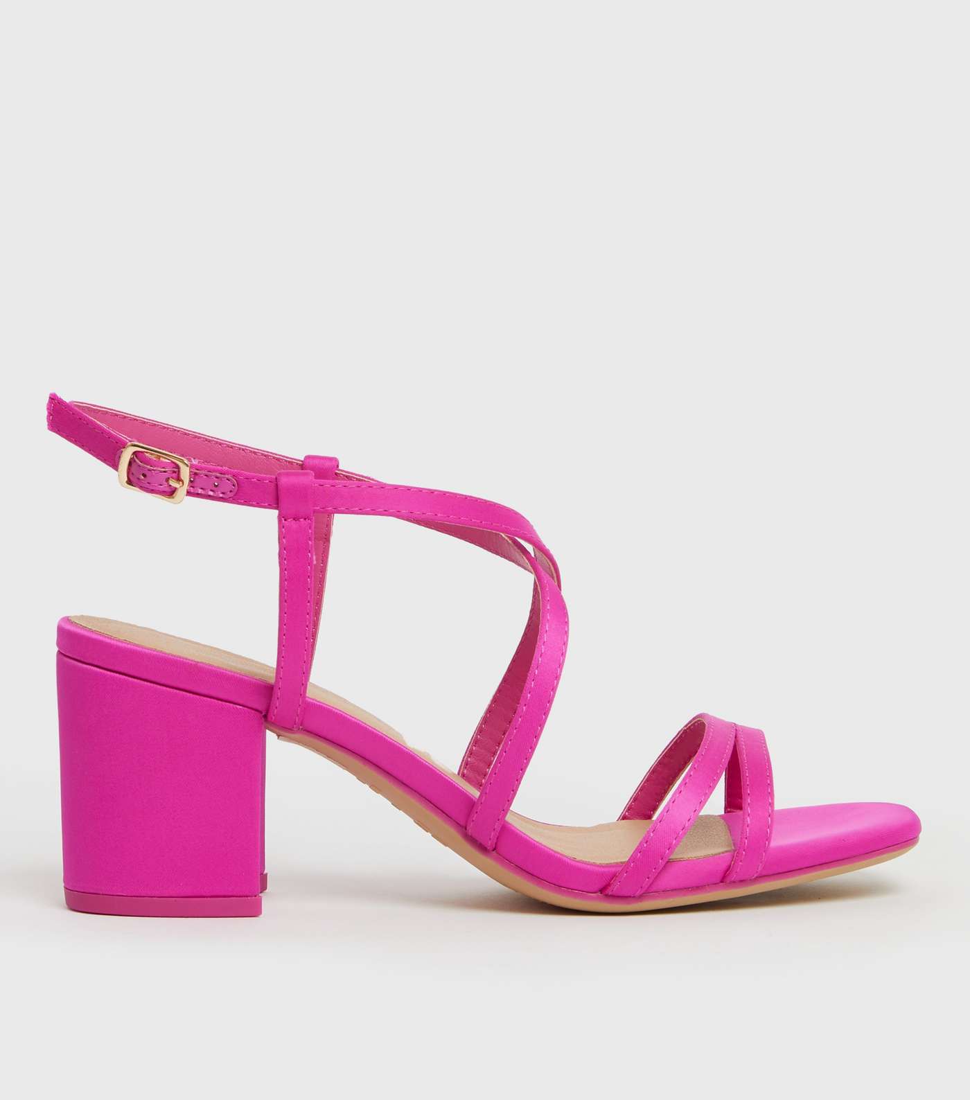 Wide Fit Bright Pink Satin Strappy Block Heel Sandals
