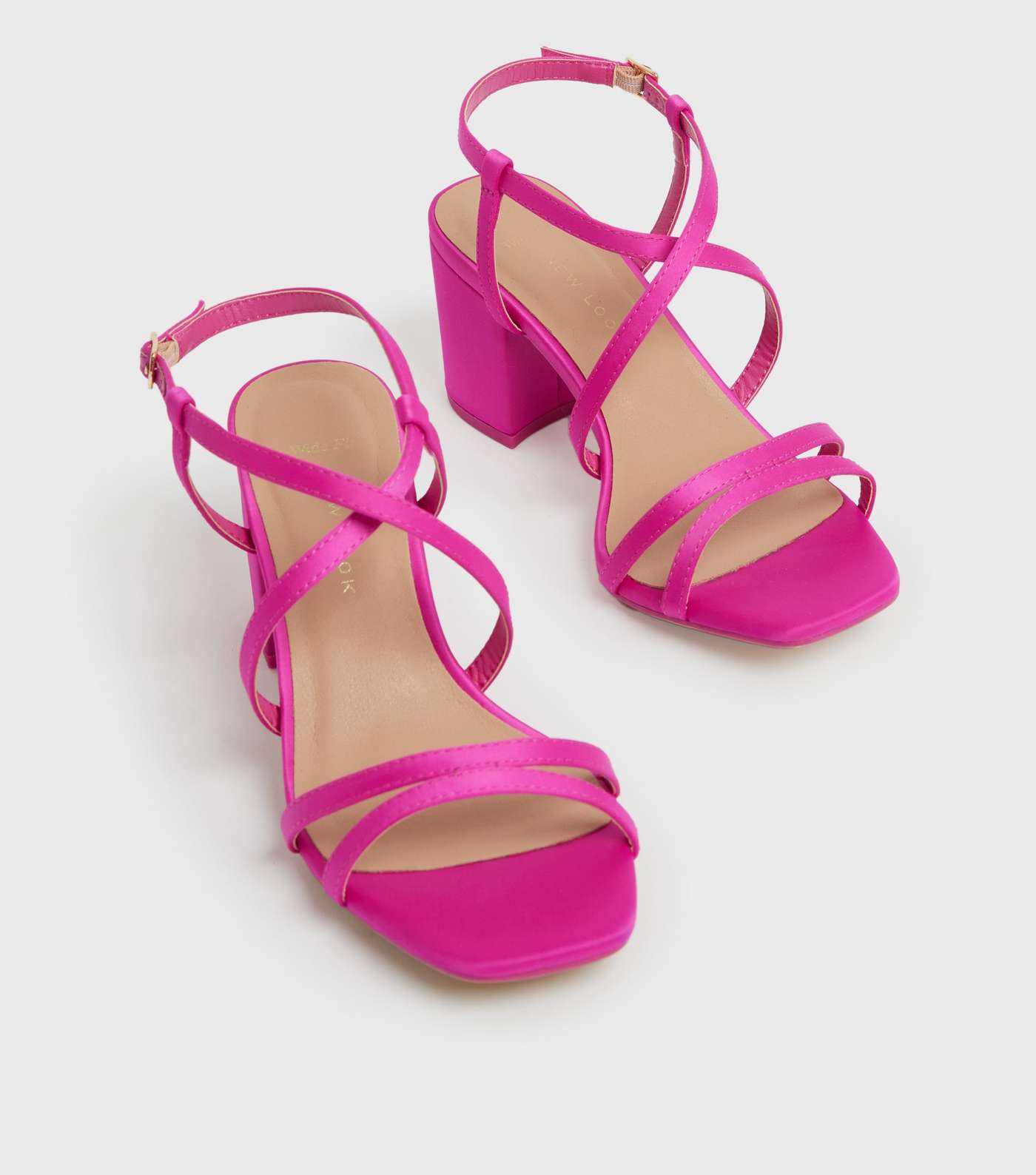 Wide Fit Bright Pink Satin Strappy Block Heel Sandals Image 3