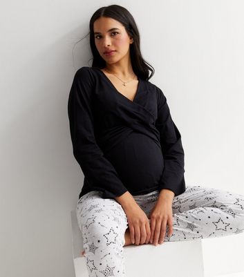 Maternity Black Nursing Pyjama Set with Star Print