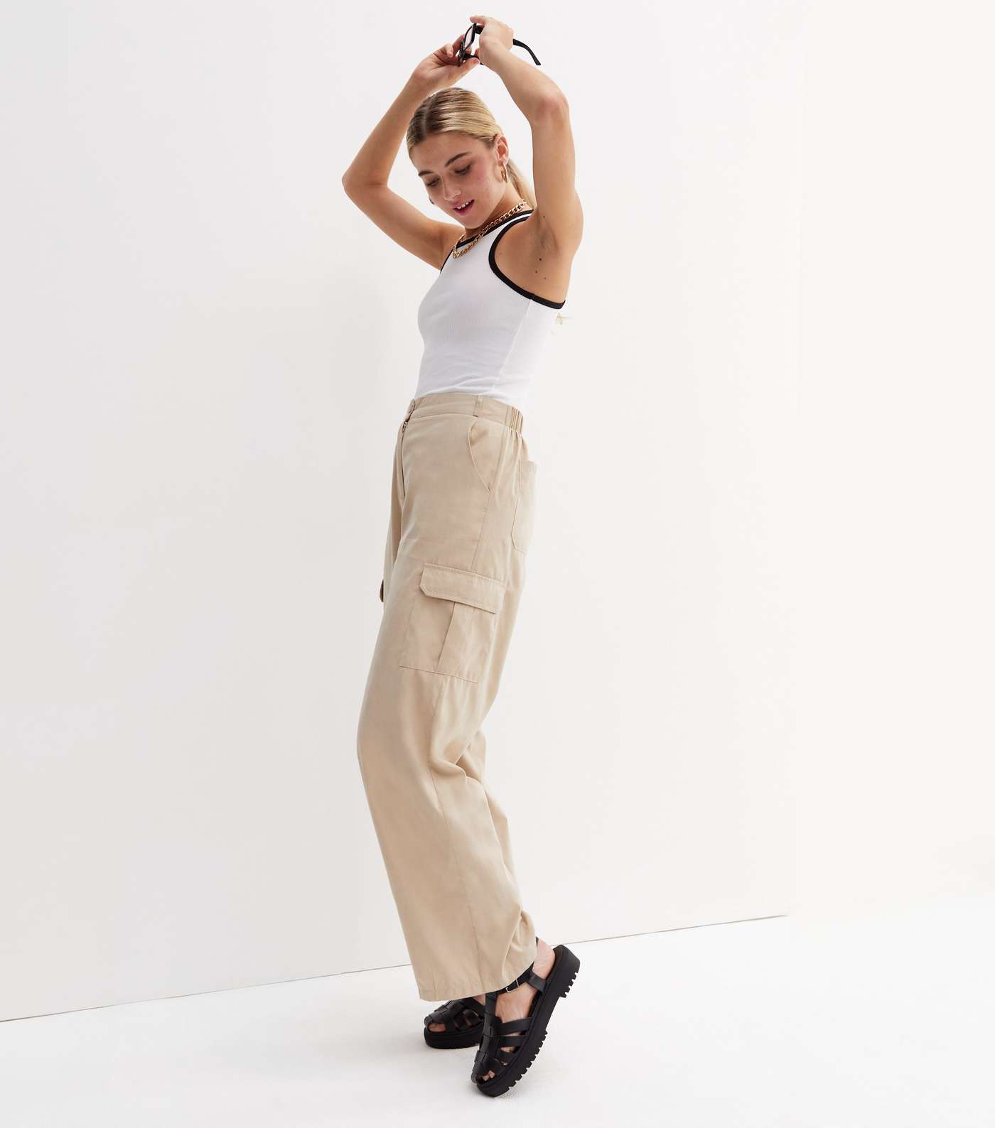 Cameo Rose Stone Wide Leg Cargo Trousers