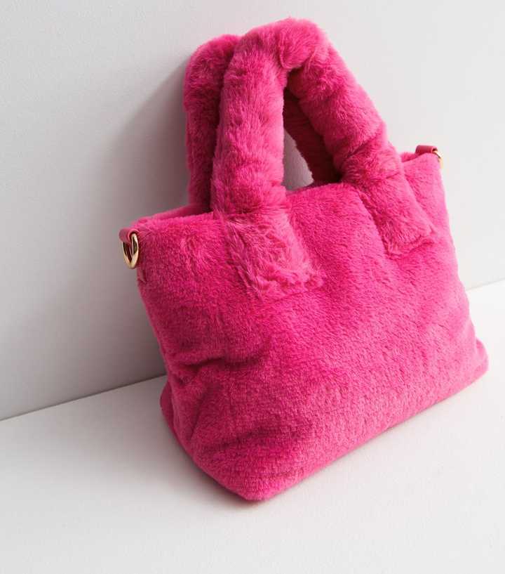 Bright Pink Faux Fur Tote Cross Body Bag