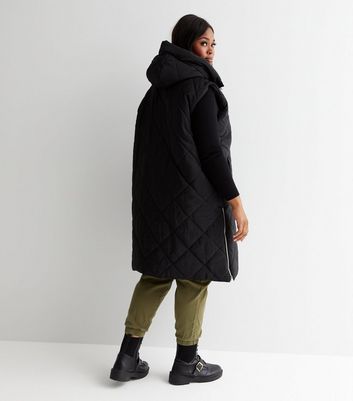 Blue Vanilla Curves Black Quilted Hooded Long Gilet | New Look