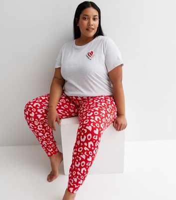 Curves Light Grey Soft Touch Jogger Pyjama Set with Leopard Heart Print