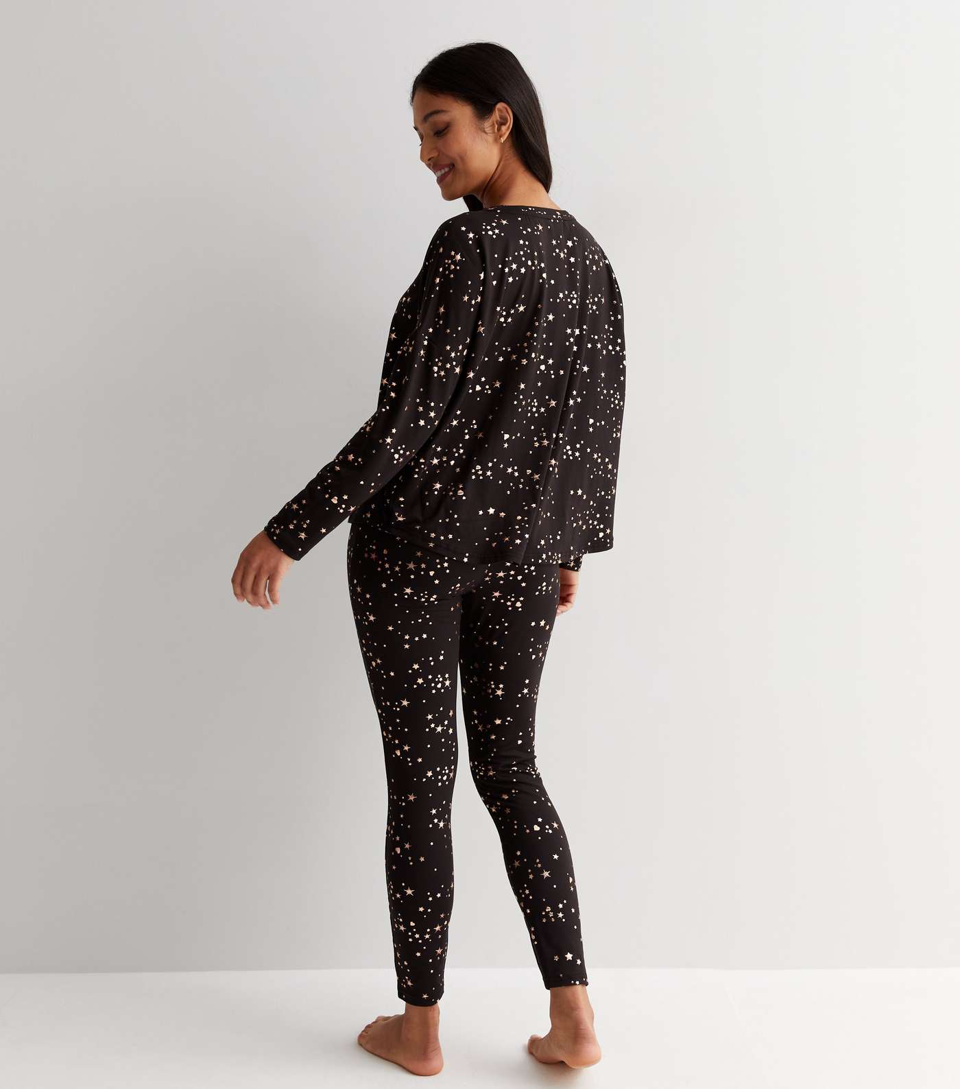 Petite Black Soft Touch Pyjama Set with Metallic Star Print Image 4