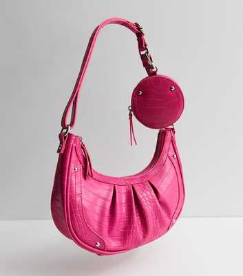 Bright Pink Faux Croc Shoulder Bag