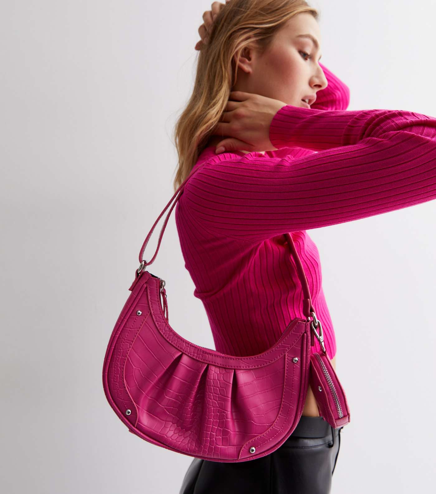 Bright Pink Faux Croc Shoulder Bag Image 2