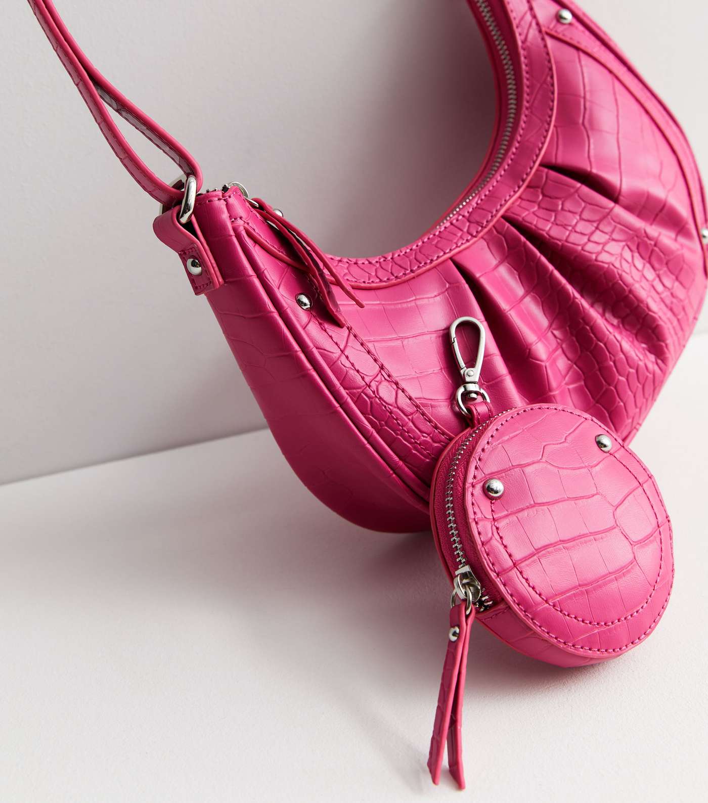 Bright Pink Faux Croc Shoulder Bag Image 4