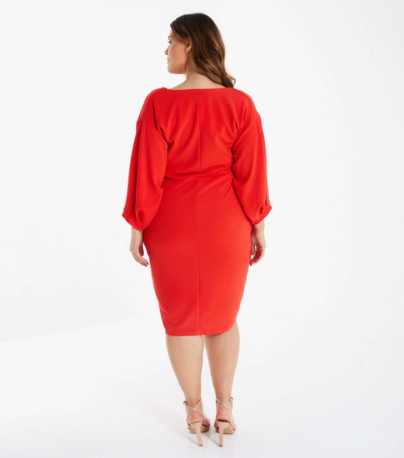 QUIZ Curves Bright Orange Midi Wrap Dress Image 3