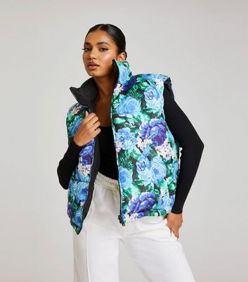 Urban Bliss Blue Floral Reversible Puffer Gilet | New Look