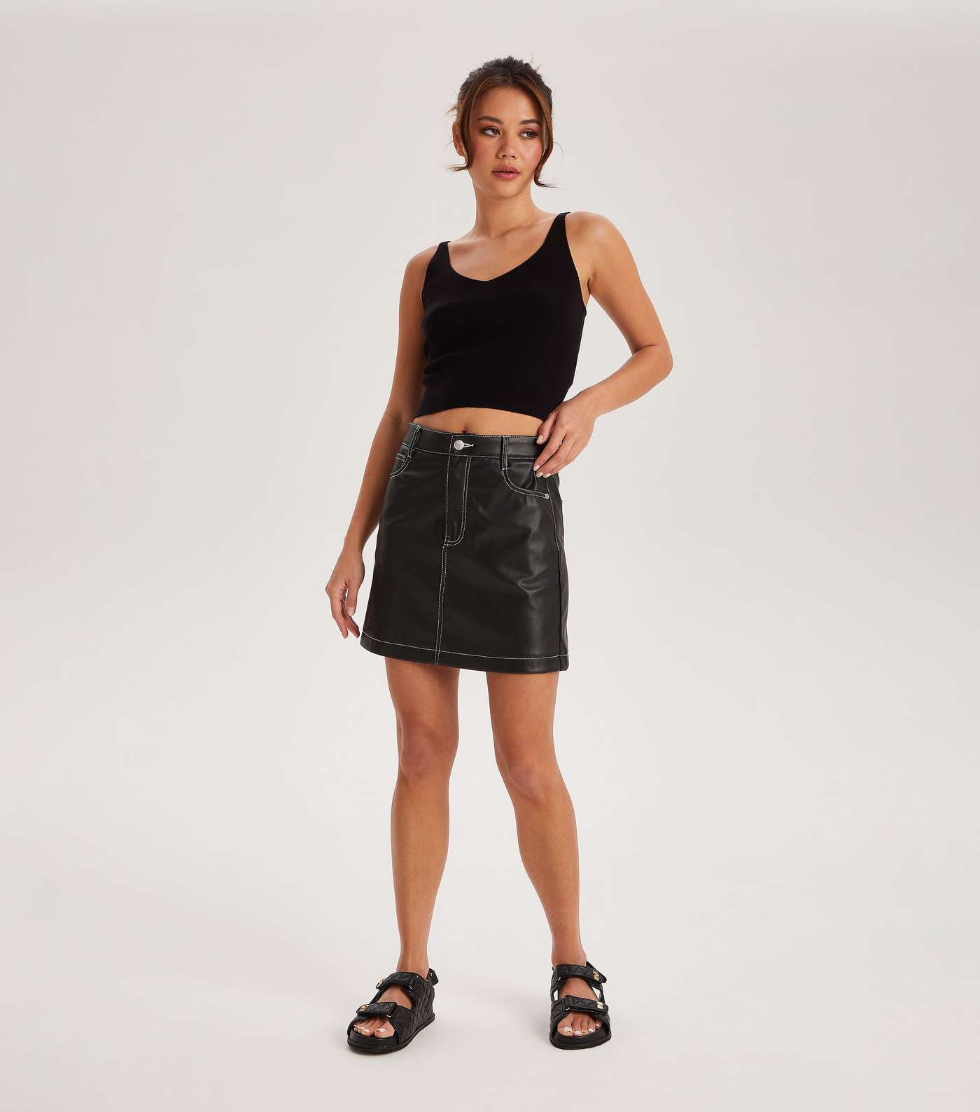Urban Bliss Black Leather-Look Contrast Stitch Mini Skirt Image 2
