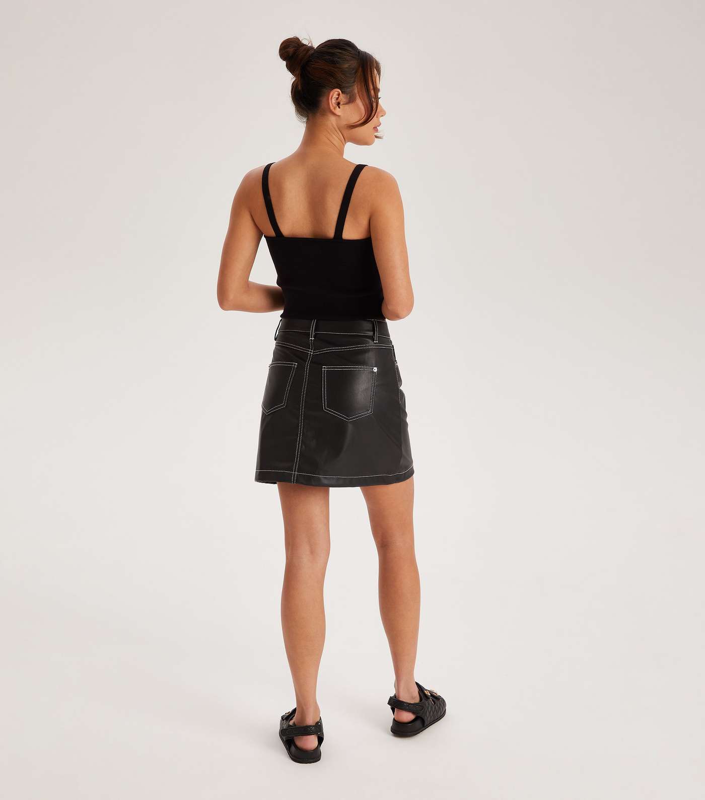 Urban Bliss Black Leather-Look Contrast Stitch Mini Skirt Image 4