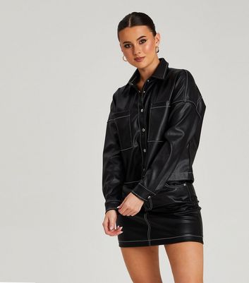 Urban Bliss Black Leather-Look Contrast Stitch Shirt | New Look