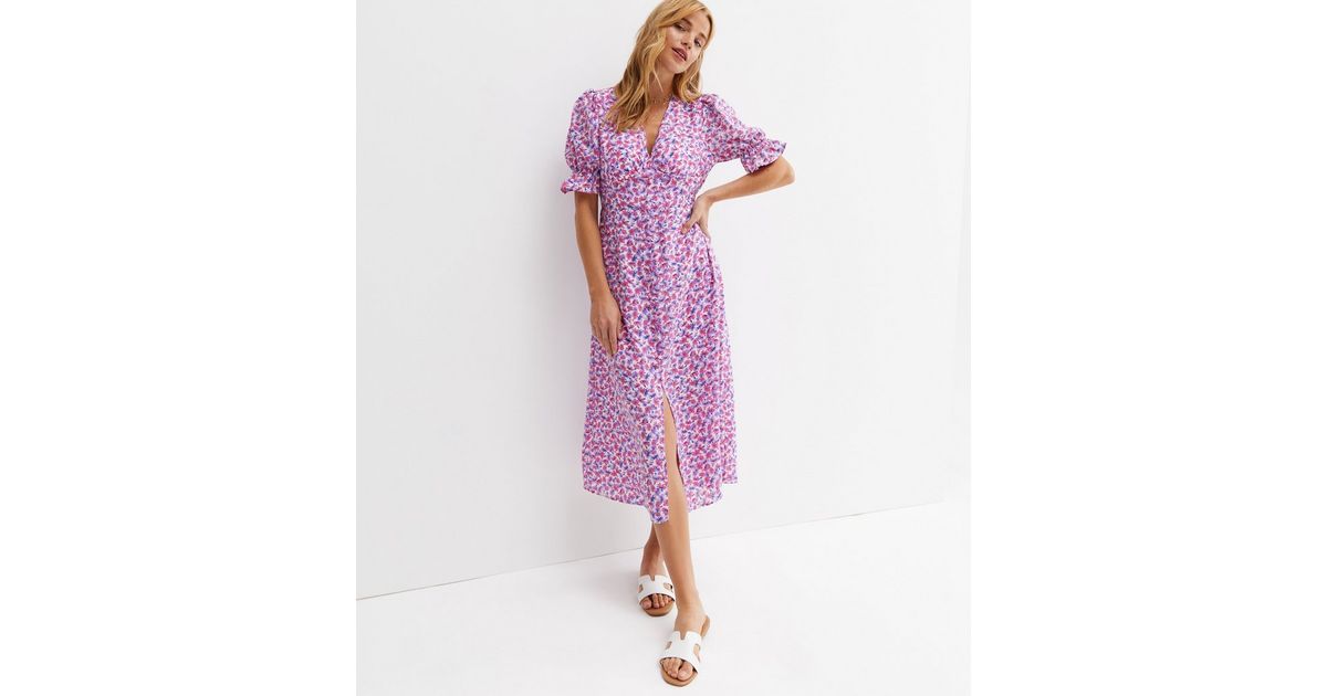 Gini London Mid Pink Floral Button Midi Dress | New Look