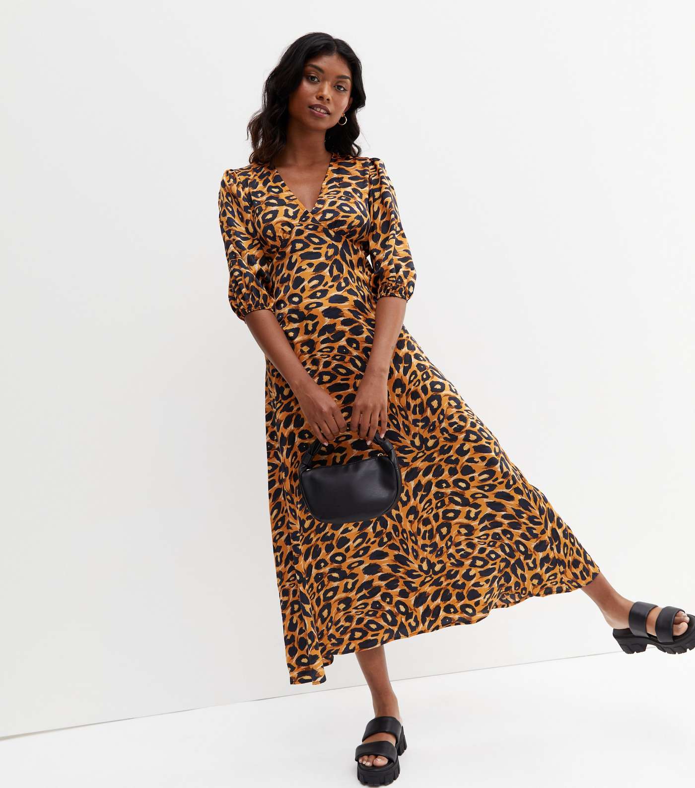 Gini London Rust Leopard Print V Neck Midi Dress