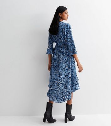 Gini London Blue Animal Print Ruffle Wrap Midi Dress New Look