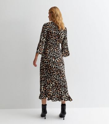 Gini London Stone Leopard Print Frill Midi Wrap Dress New Look
