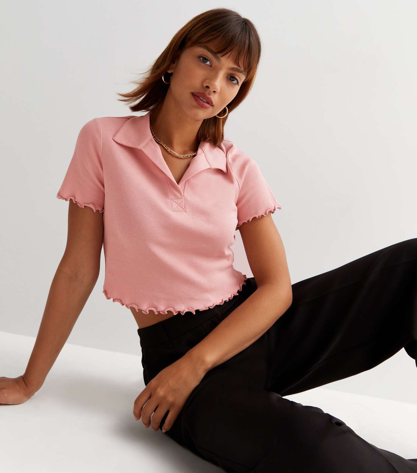 Pale Pink Ribbed Frill Short Sleeve Polo T-Shirt