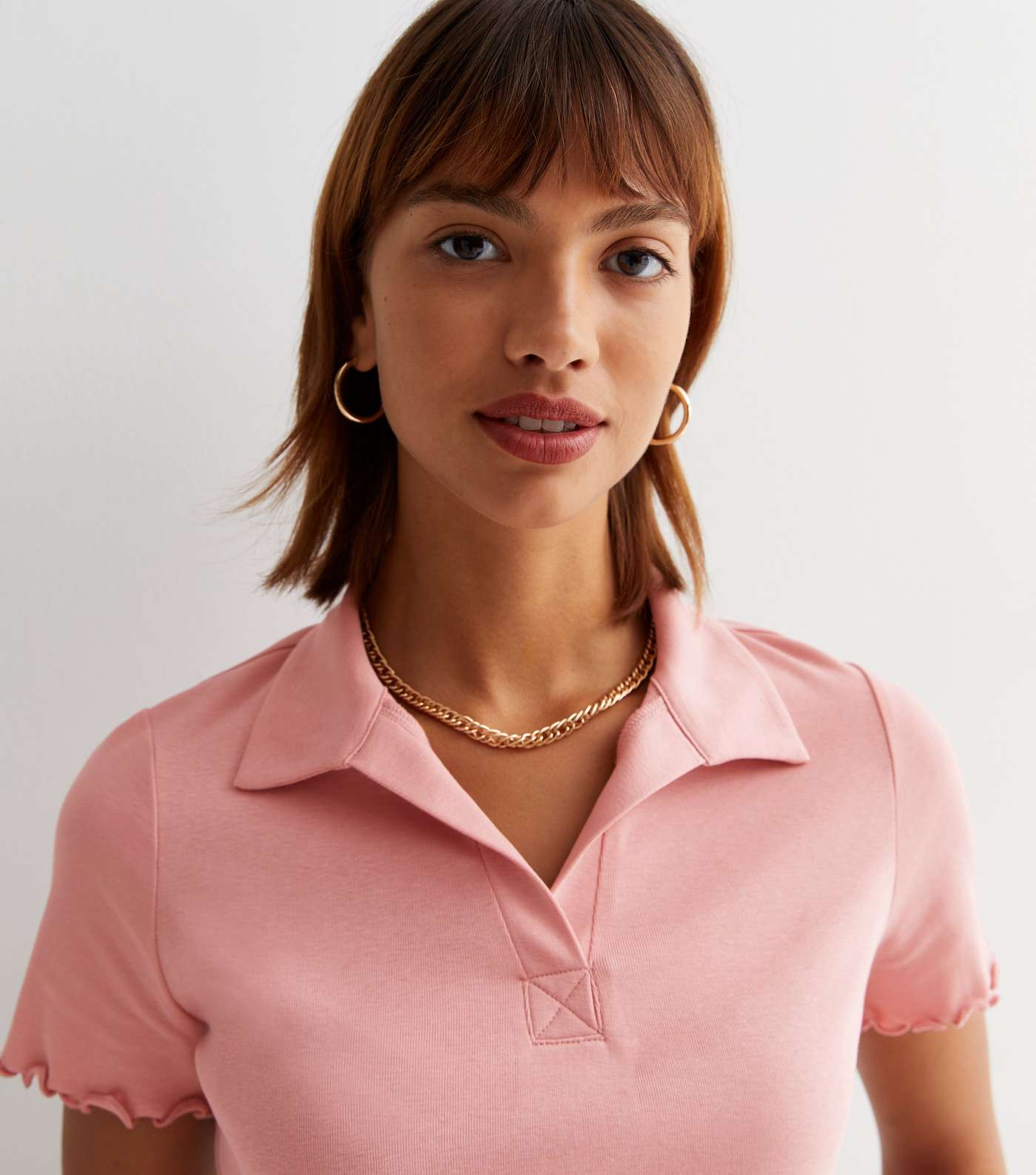 Pale Pink Ribbed Frill Short Sleeve Polo T-Shirt Image 3