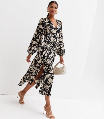 V Neck Long Puff Sleeve Midi Dress 