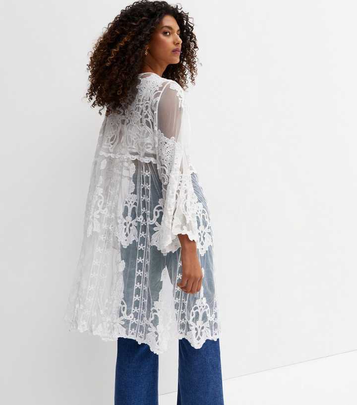 Gini London White Crochet Embroidered Mesh Long Kimono | New Look