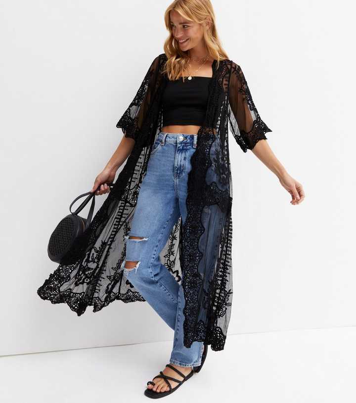 Gini London Black Crochet Mesh Long Kimono | New Look