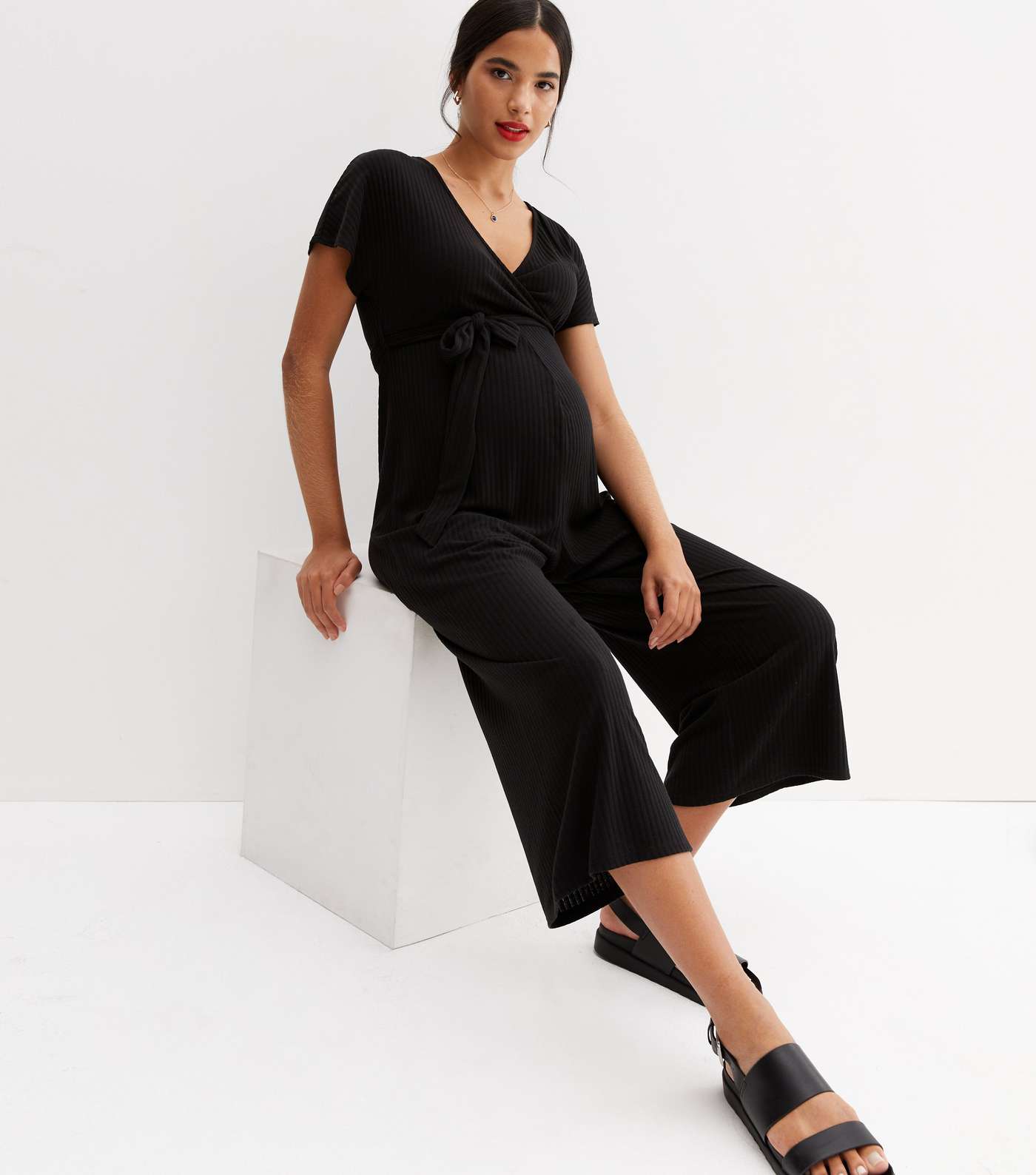 Maternity Black Ribbed Crop Wrap Jumpsuit