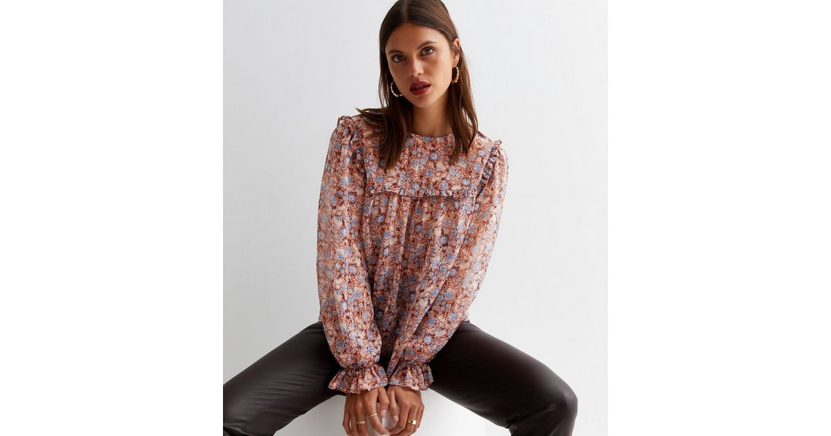 Pink Floral Chiffon Frill Long Sleeve Blouse New Look