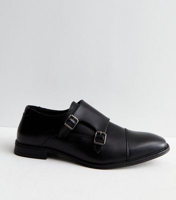 Black Leather Double Buckle Strap Monk Shoes