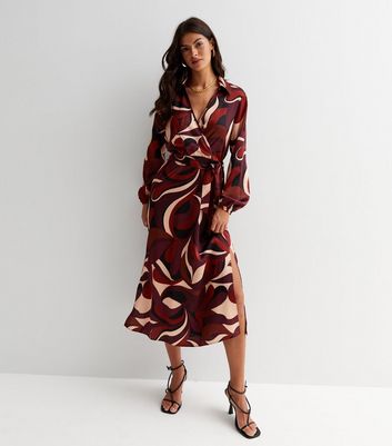Brown Swirl Long Puff Sleeve Belted Midi Wrap Dress
