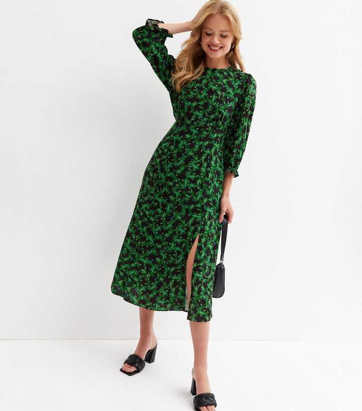 green emerald velvet dress Green Ditsy Jersey Shirred Cuff Maxi Dress