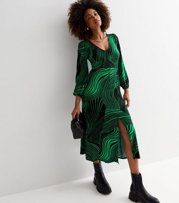 Green Geometric Stripe Long Puff Sleeve Midi Wrap Dress New Look