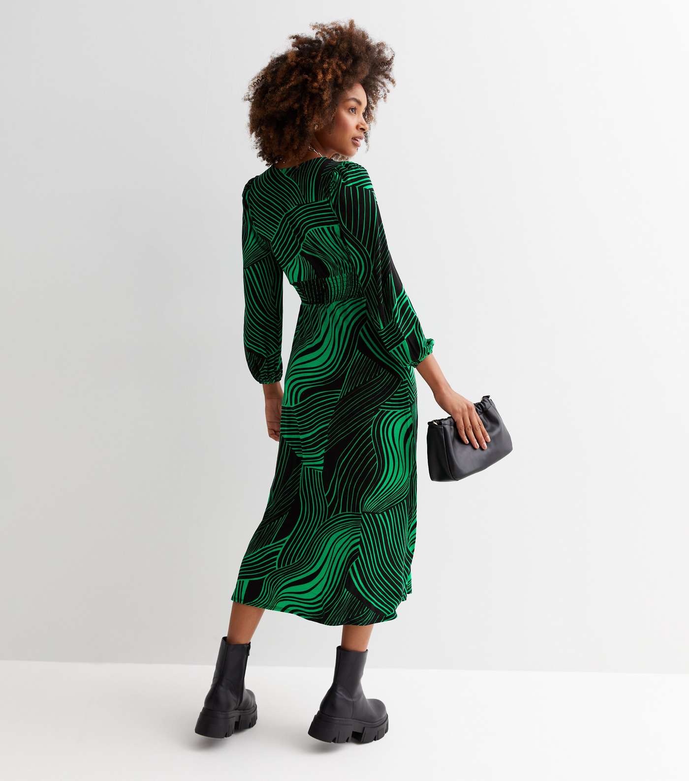 Green Geometric Stripe Long Puff Sleeve Midi Wrap Dress Image 4