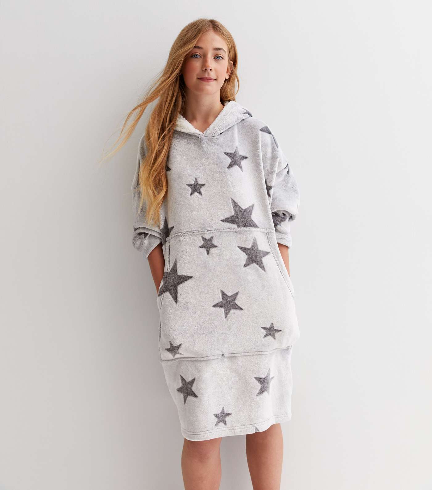Girls Light Grey Star Fleece Oversized Blanket Hoodie