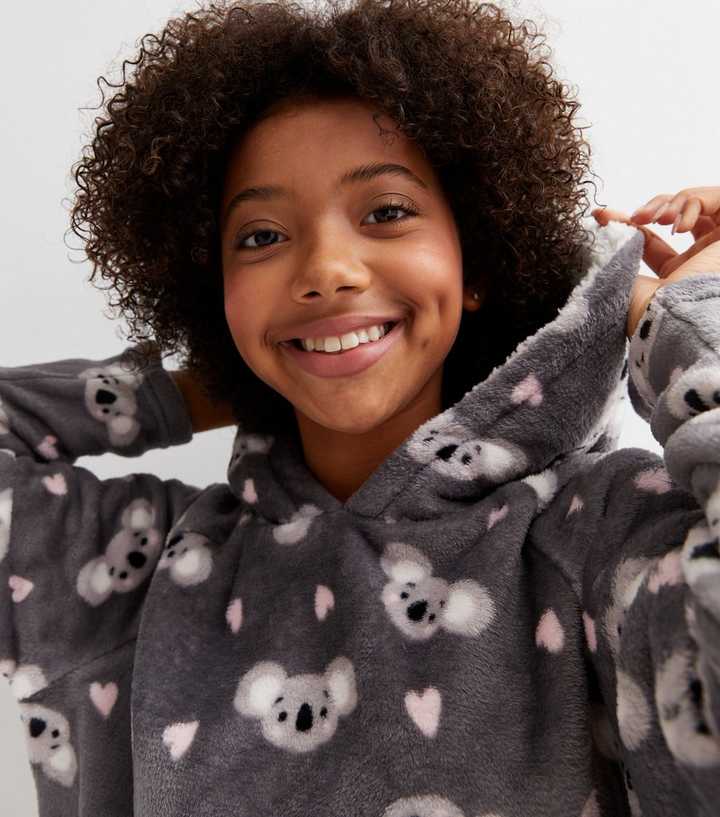 Girls Light Grey Koala Fluffy Hooded Pyjama Top | New Look