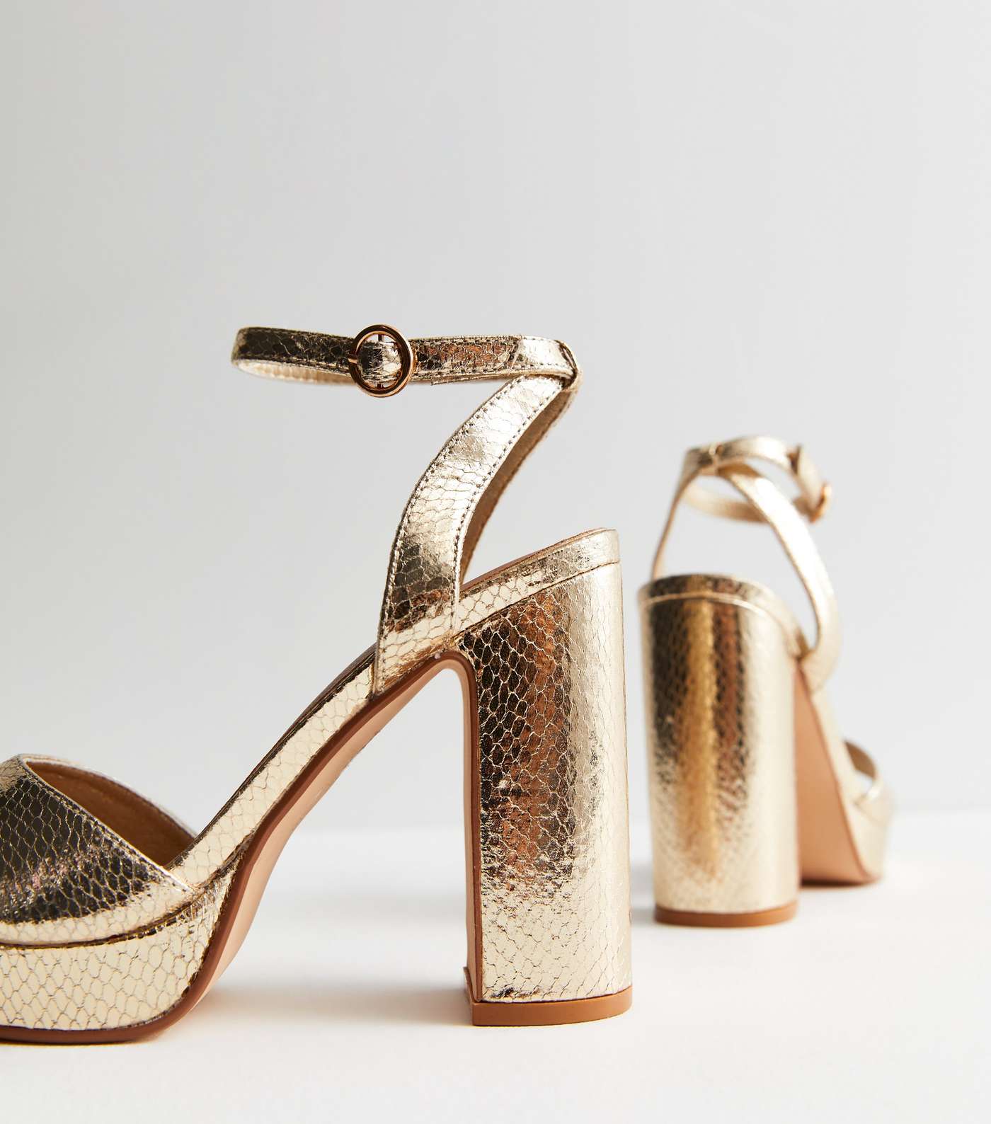 Gold Metallic Faux Croc 2 Part Block Heel Platform Sandals Image 3