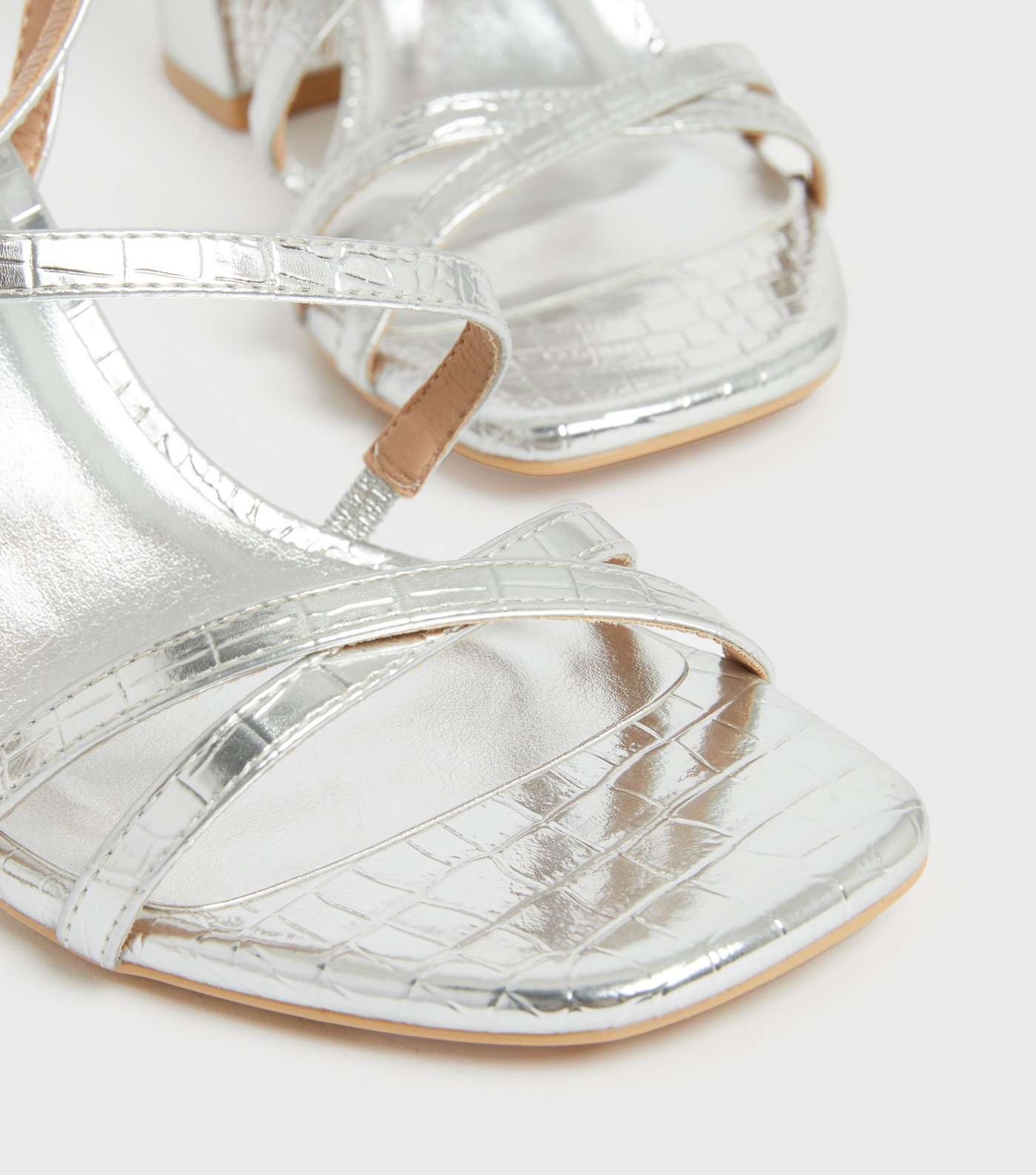 Silver Metallic Faux Croc Strappy Block Heel Sandals Image 4
