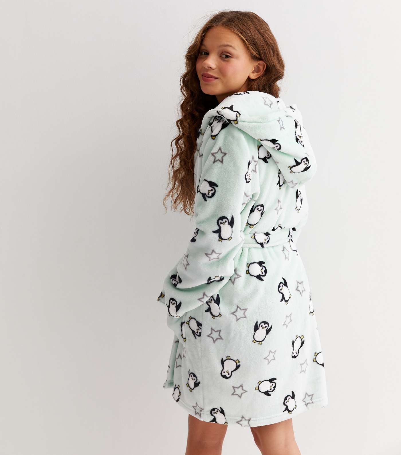 Girls Green Penguin Hooded Dressing Gown Image 4