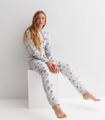 Girls Grey Star Fluffy Hooded Onesie