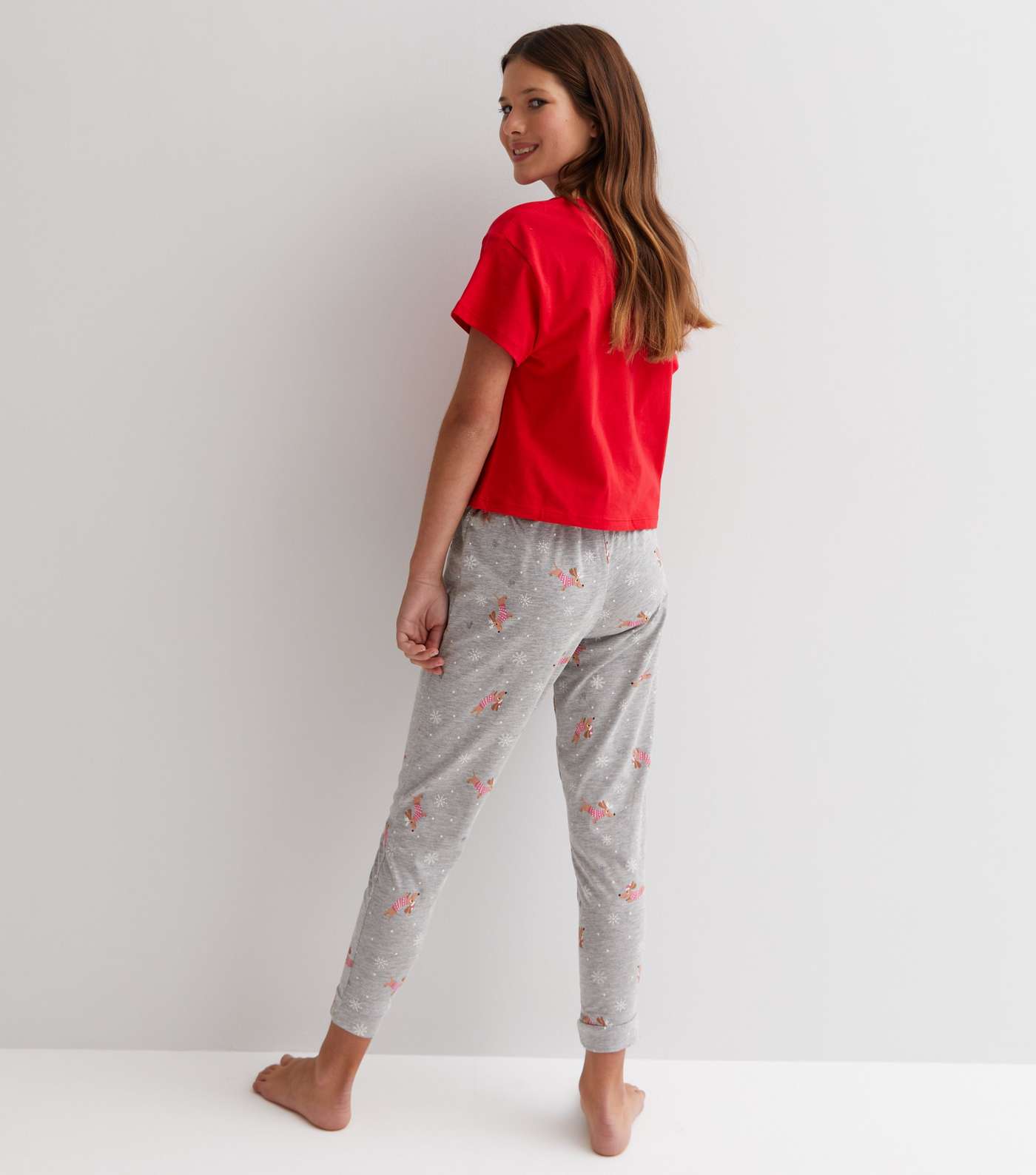 Girls Red Jogger Pyjama Set with Christmas Dog Print Image 4