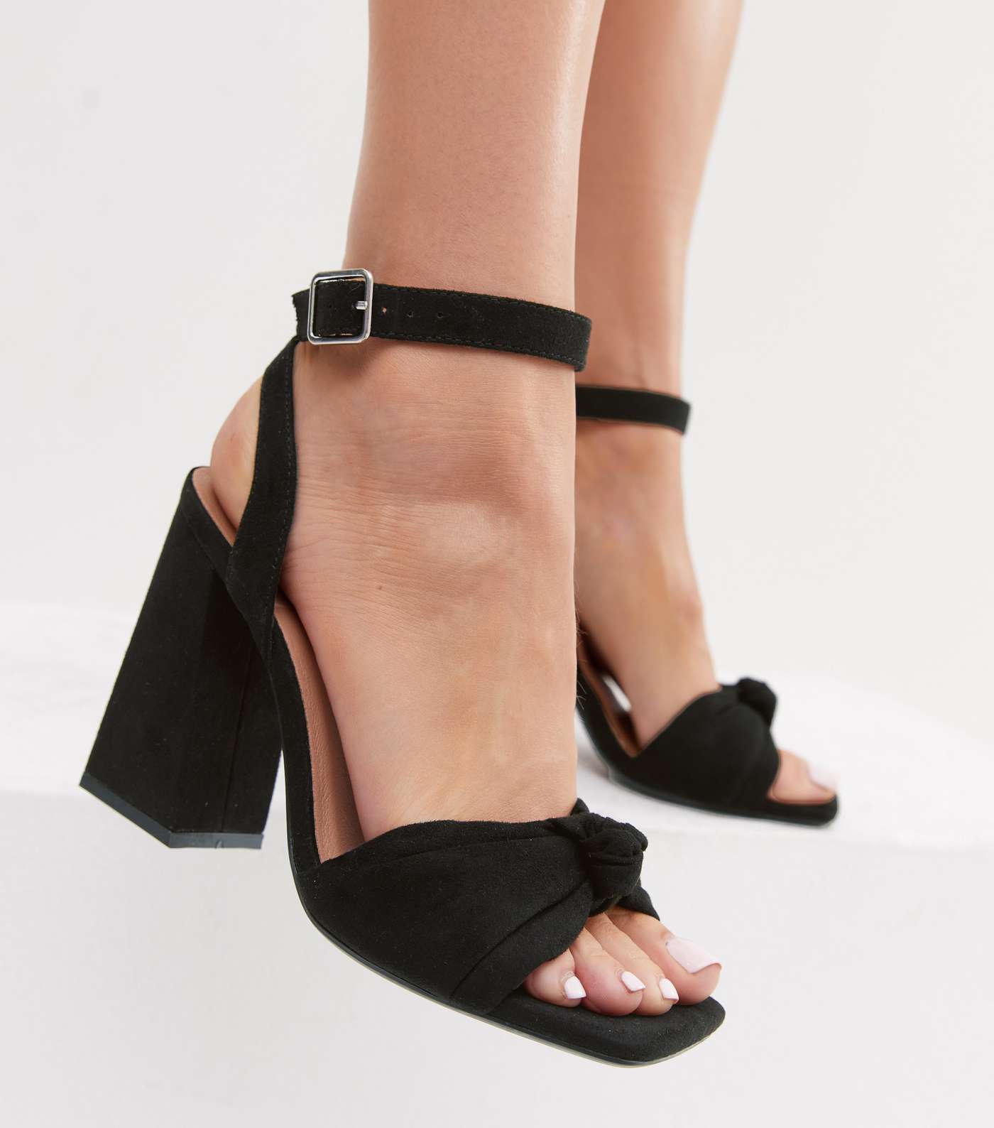 Black Suedette Knot 2 Part Block Heel Sandals Image 2