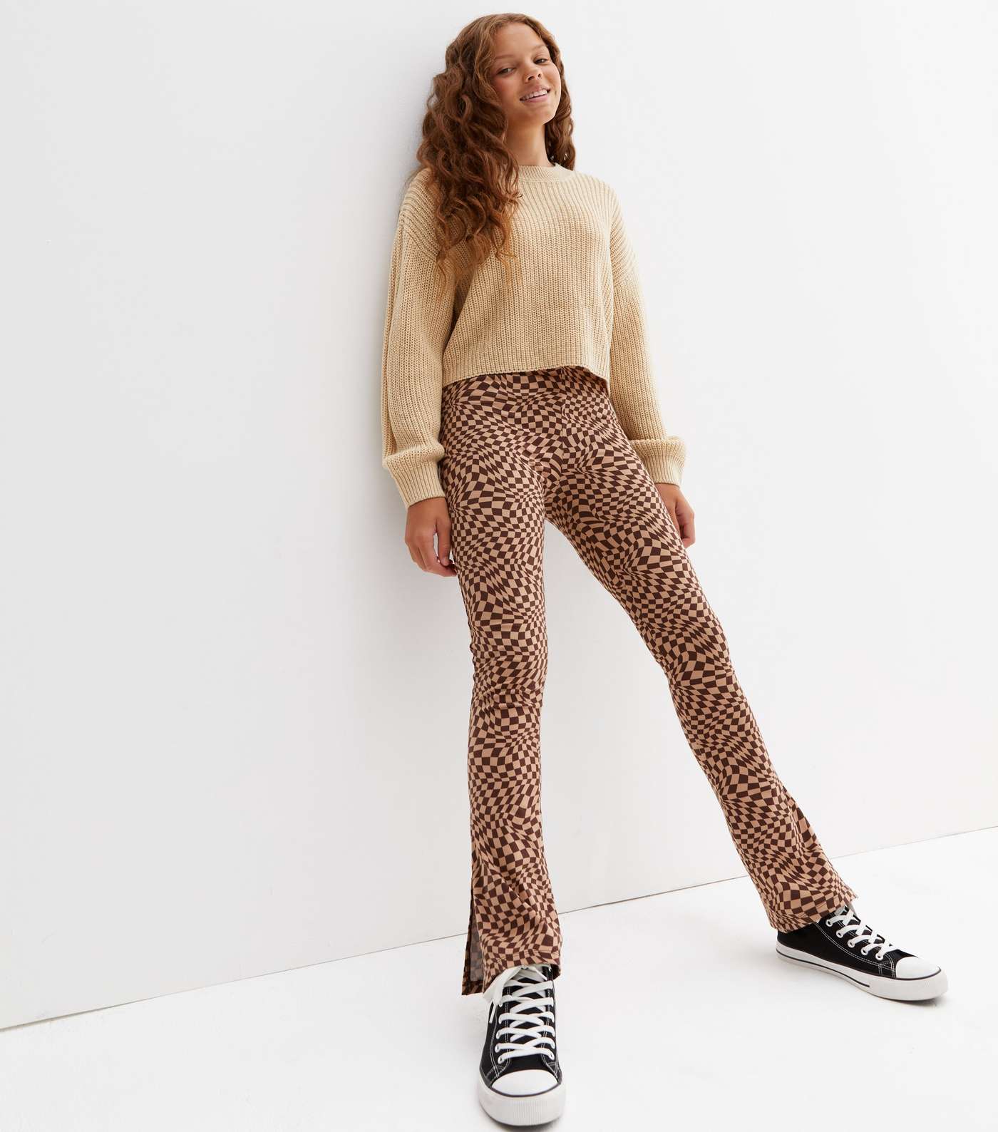 Girls Brown Check Flared Trousers