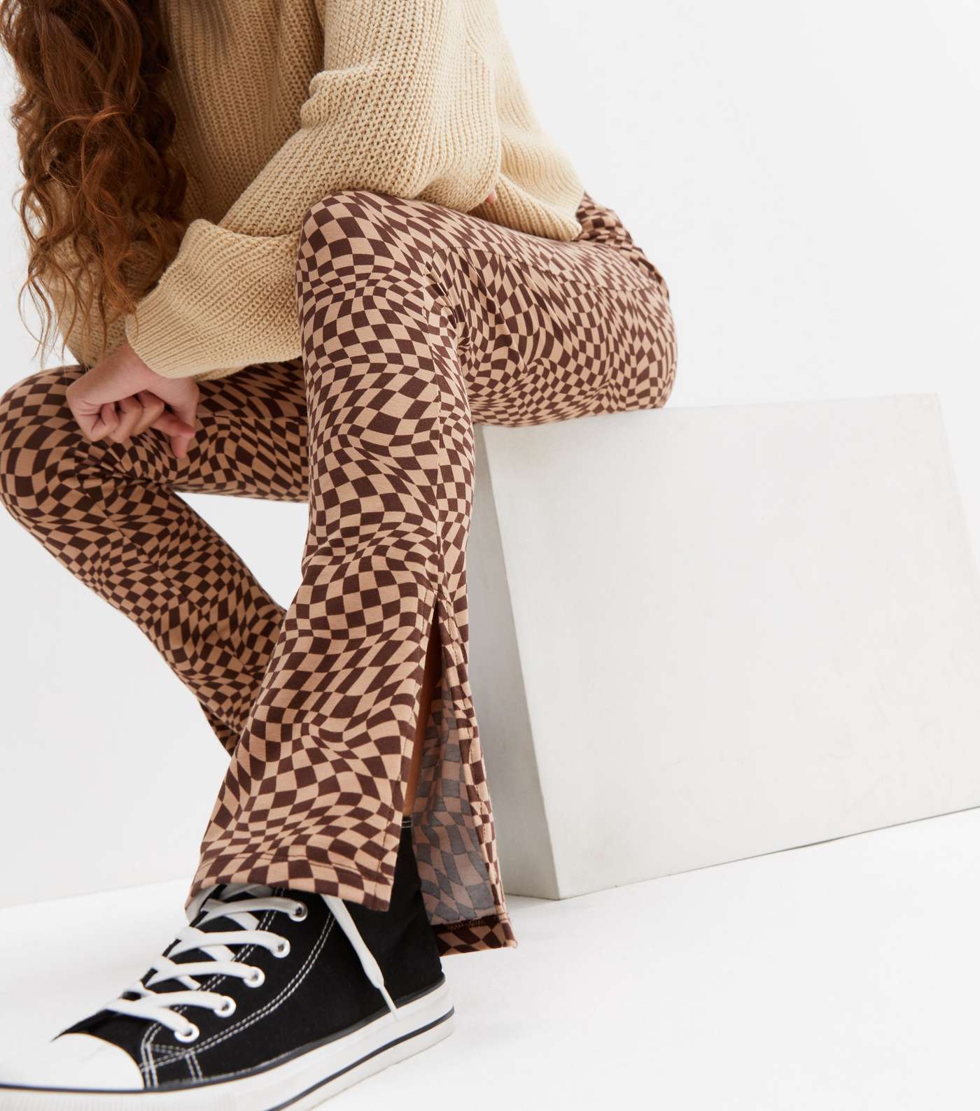 Girls Brown Check Flared Trousers Image 3