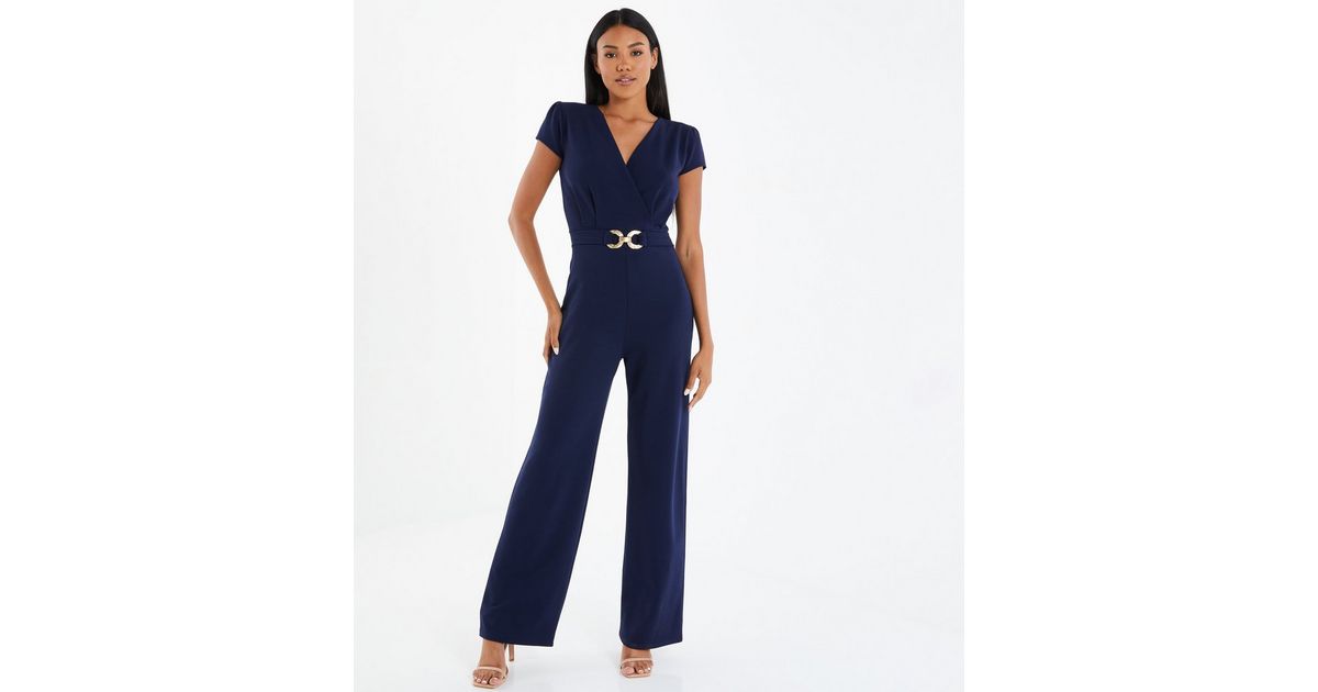 QUIZ Navy Belted Wide Leg Wrap Jumpsuit New Look