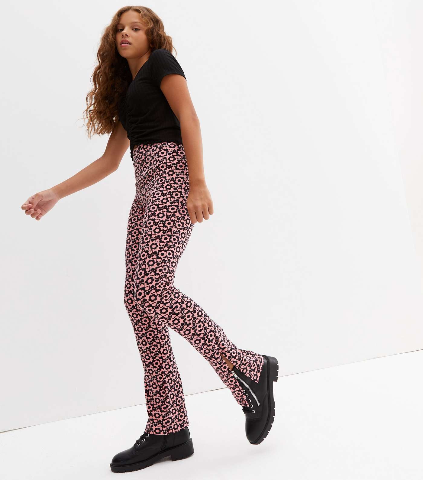 Girls Pink Checkerboard Heart and Daisy Flared Trousers
