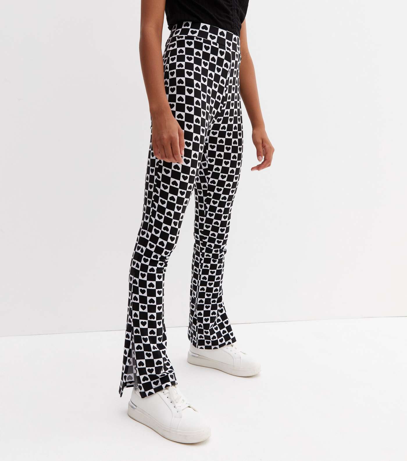 Girls Black Checkerboard Heart Print Flared Trousers Image 2