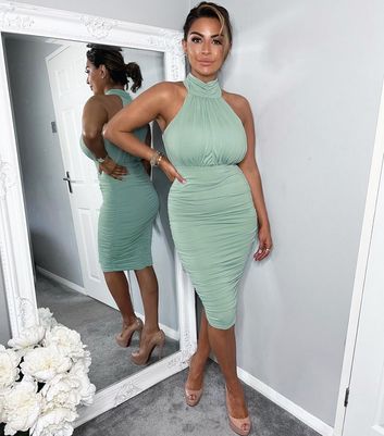 AX Paris Mint Green Ruched Midi Halter Dress | New Look