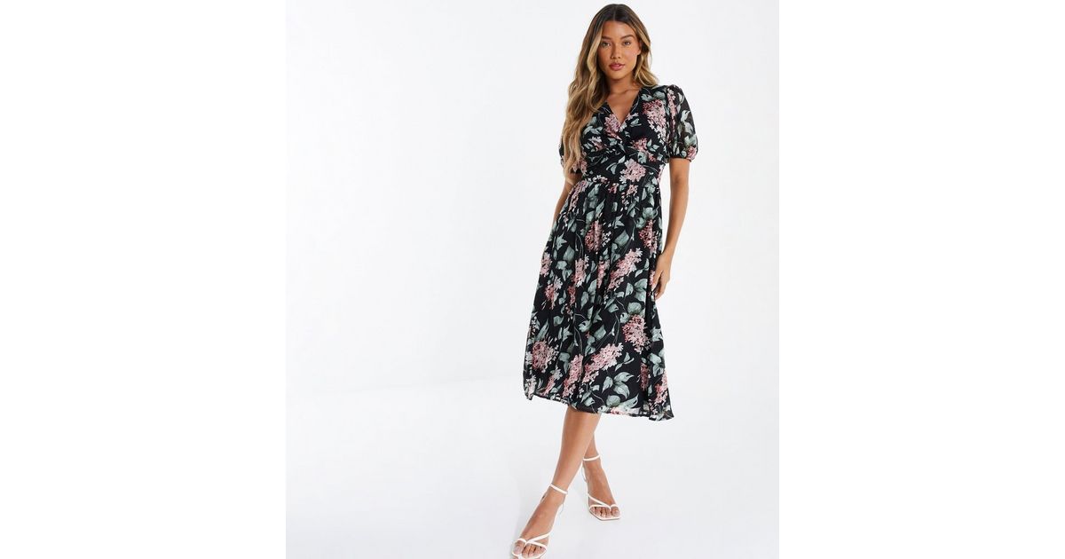 QUIZ Black Floral Chiffon Knot Front Midi Dress New Look