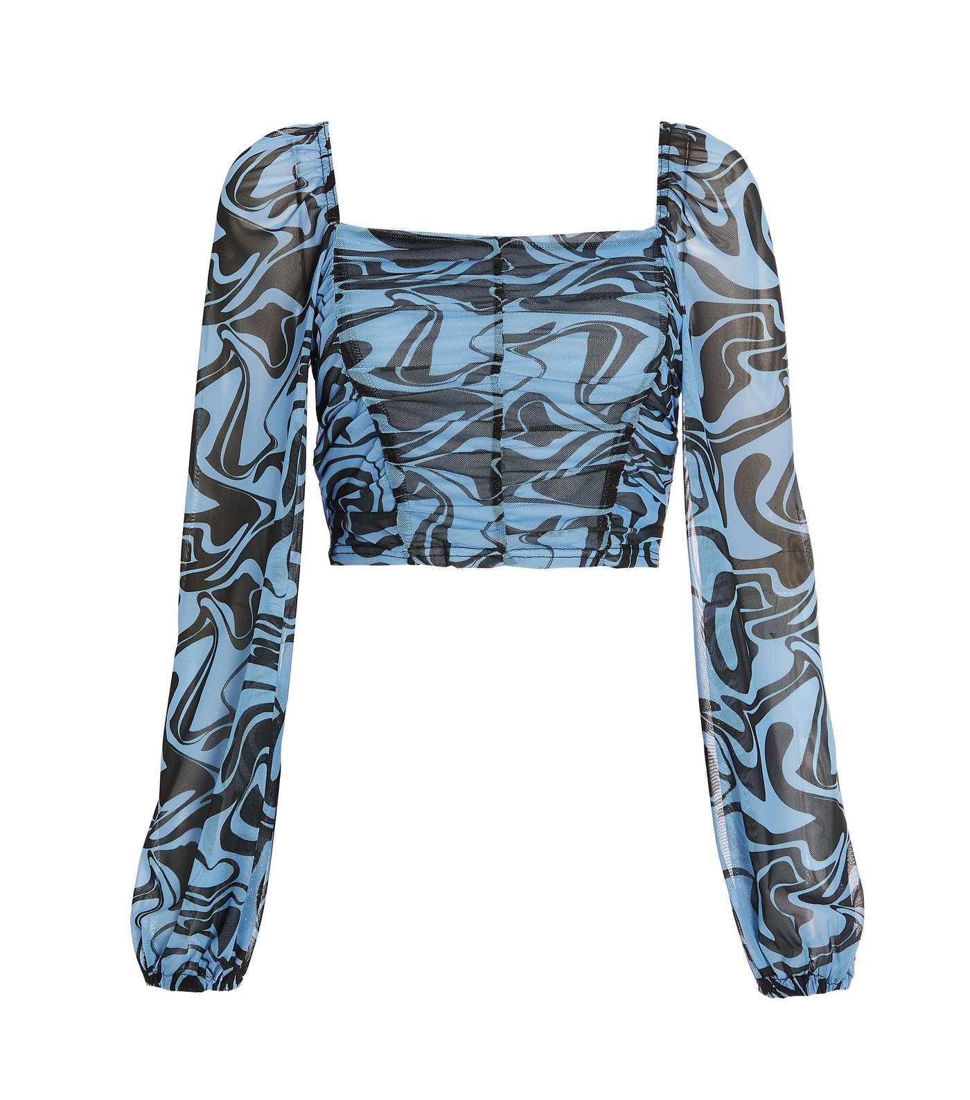 QUIZ Bright Blue Marble Mesh Ruched Crop Top Image 4